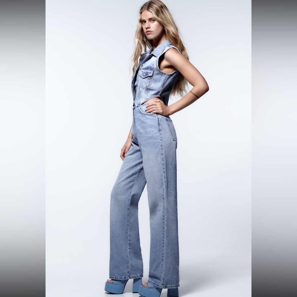 Gently used zara denim cut out jumpsuit